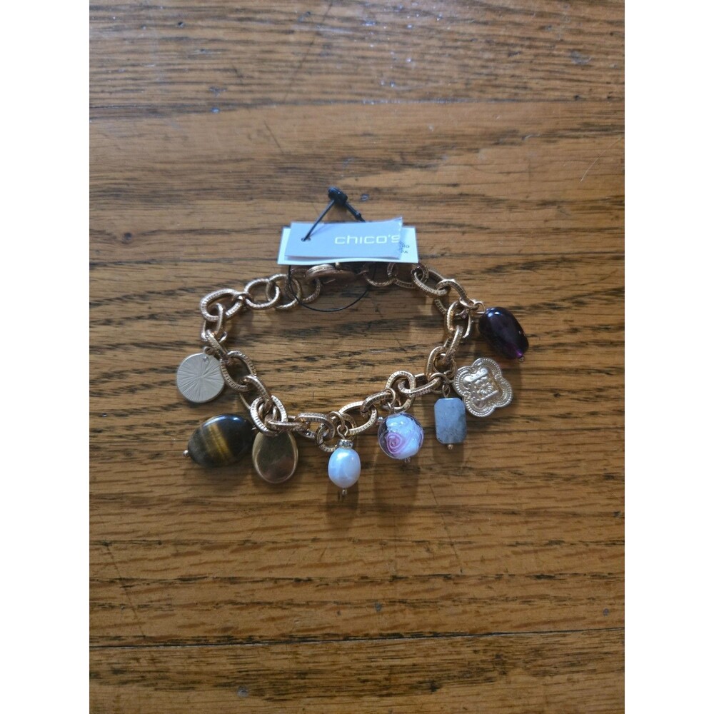 Chico's Gold Tone Multi Charm Chain Bracelet Bead Crystal Women's - Picture 3 of 6
